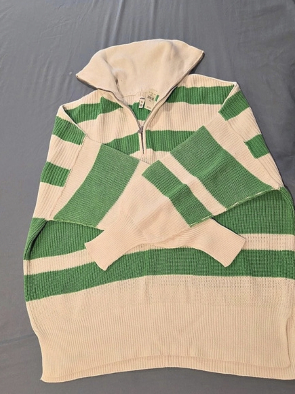Aerie Striped Sweater 1/4 Zip in Green & Cream Size Small NWT